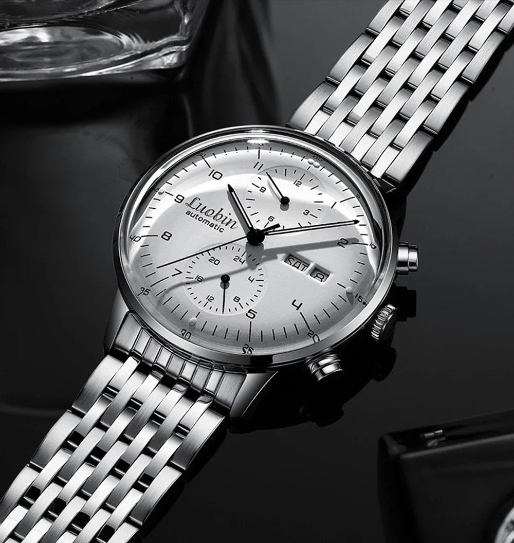 Luxus Herrenuhr Automatikuhr Armbanduhr Edelstahl Silber