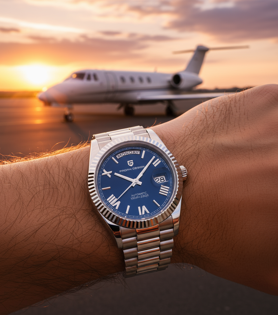 nimm die Pagani design DD36 als Uhrenmodell in Silber Blau aus meinen Store und übernimm die Aufschriften 1:1. Closeup von Handgelenk, leichter Sonnenuntergang, Privatjet im Hintergrund