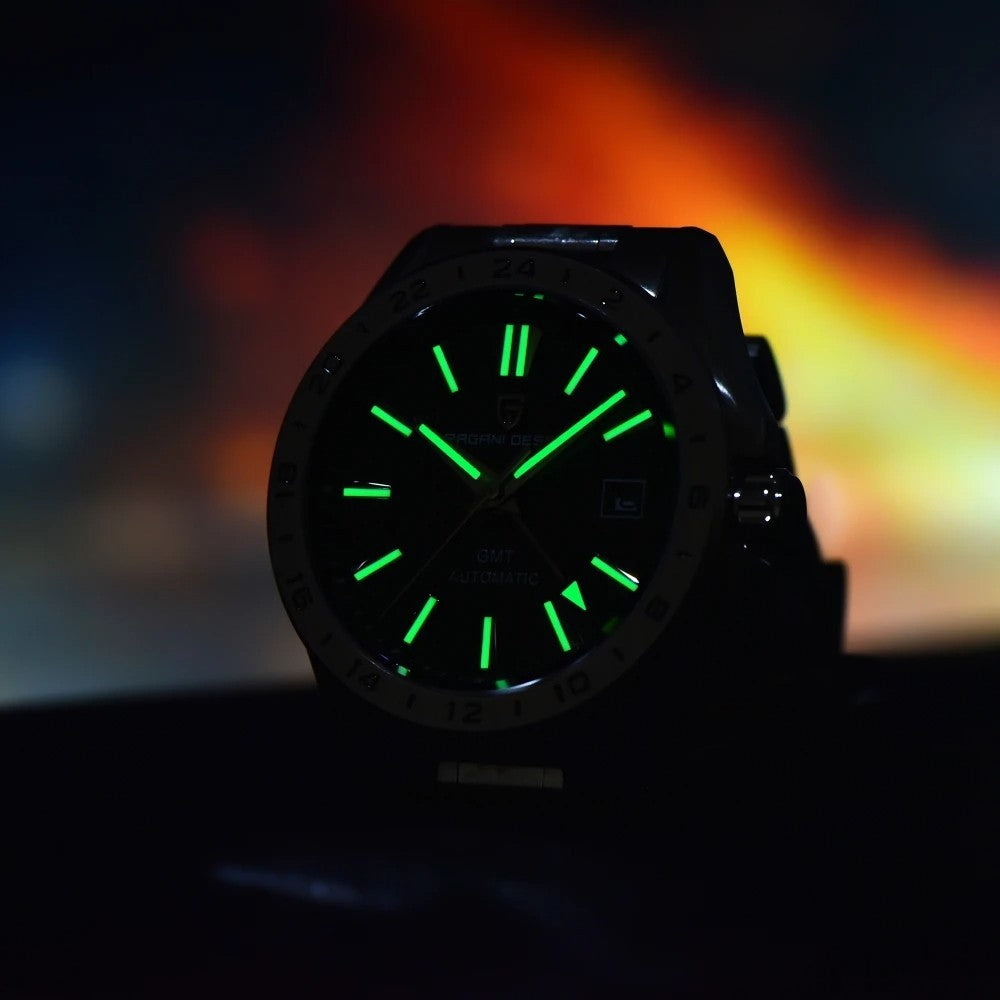 Pagani Design Herren Luxus Automatikuhr GMT Edelstahl Saphirglas Datum 39 mm