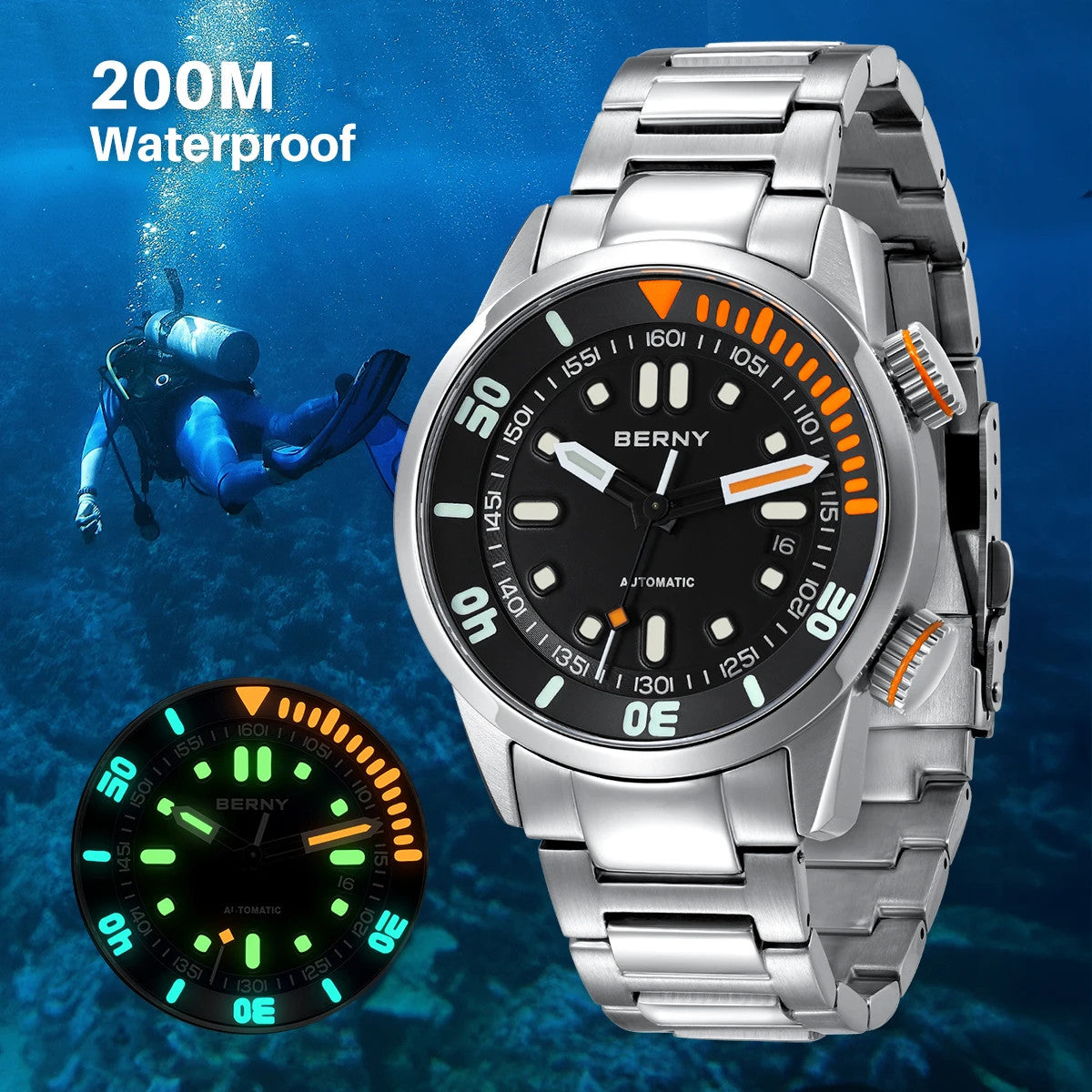 Berny Automatikuhr Herren Armbanduhr Taucher Edelstahl Saphirglas Taucheruhr