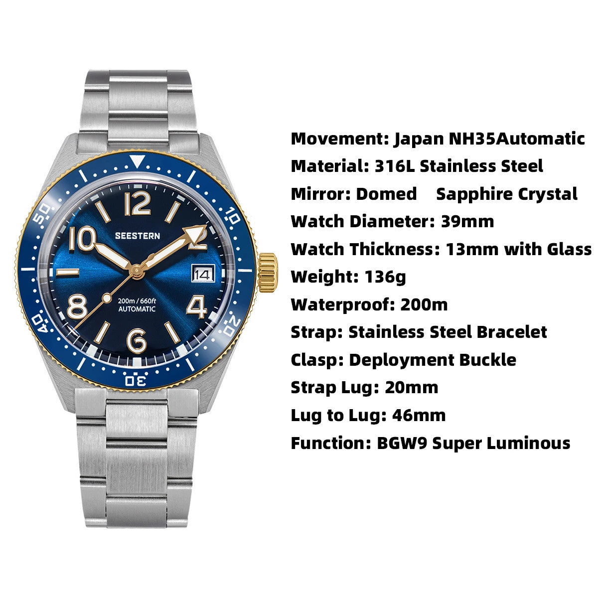 Seestern S434-2 Herren Automatikuhr Armbanduhr Edelstahl Saphirglas 39mm