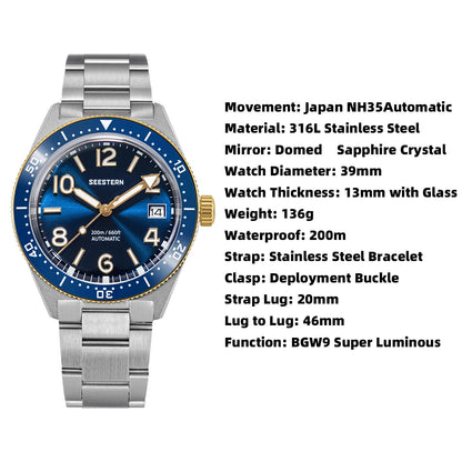 Seestern S434-2 Herren Automatikuhr Armbanduhr Edelstahl Saphirglas 39mm