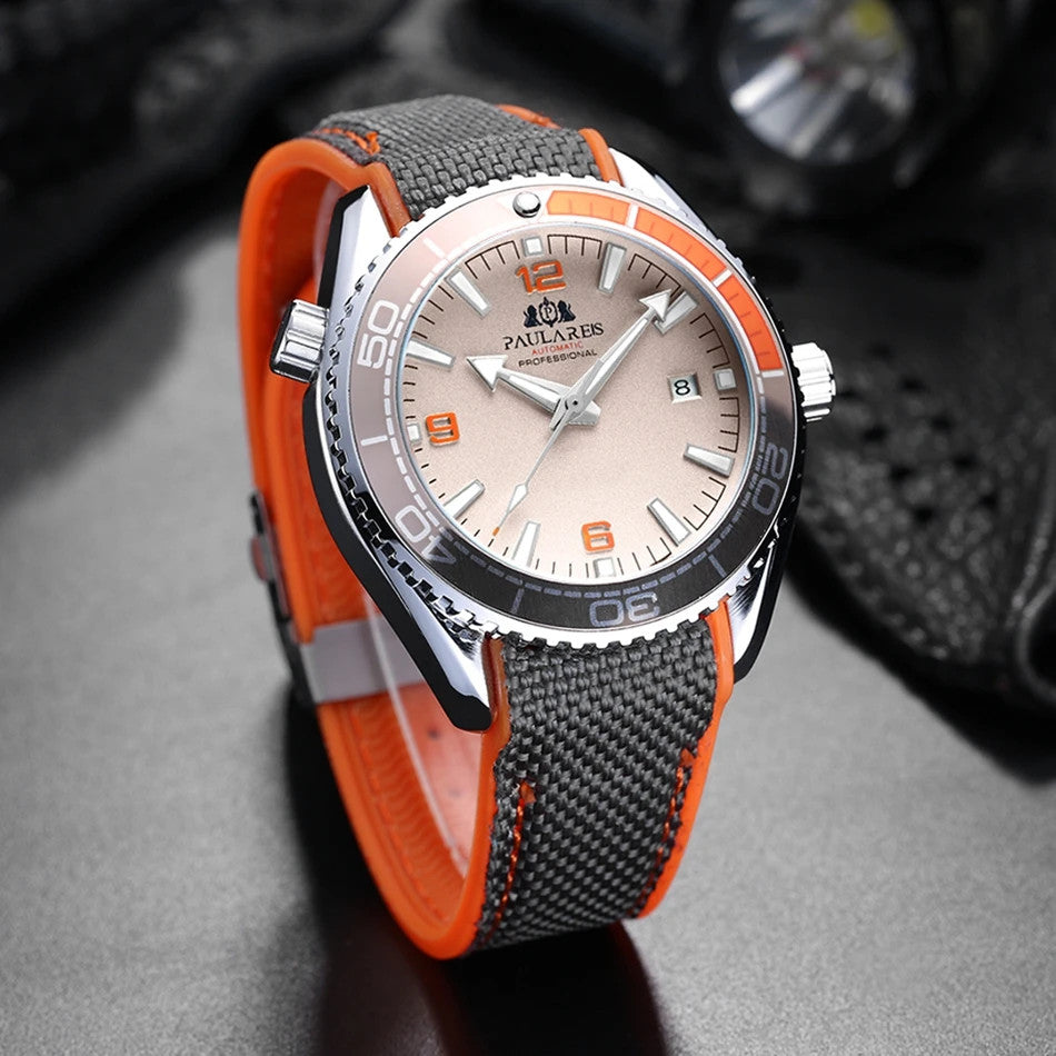Paulareis Automatik Uhr Herren Armbanduhr Luxusuhr Datum Kautschukband 3bar