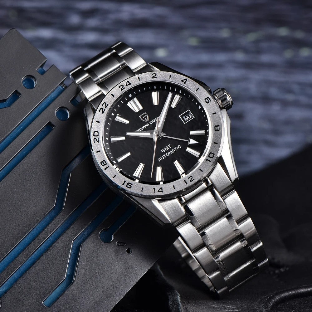 Pagani Design Herren Luxus Automatikuhr GMT Edelstahl Saphirglas Datum 39 mm