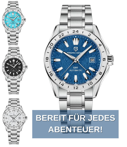 Pagani Design Herren Luxus Automatikuhr GMT Edelstahl Saphirglas Datum 39 mm