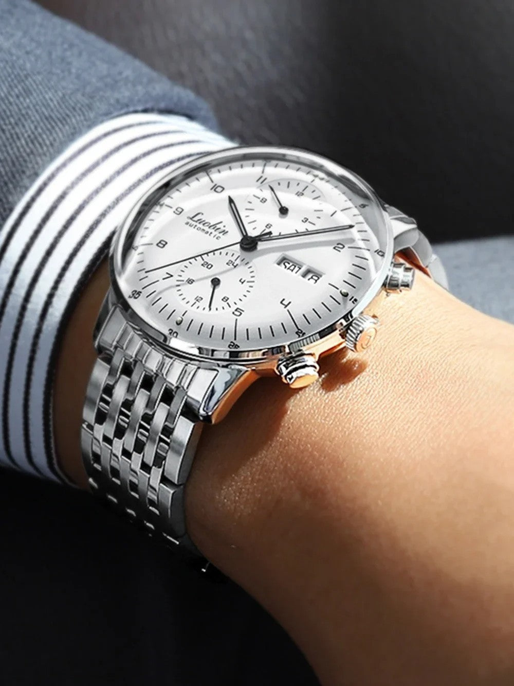Luxus Herrenuhr Automatikuhr Armbanduhr Edelstahl Silber