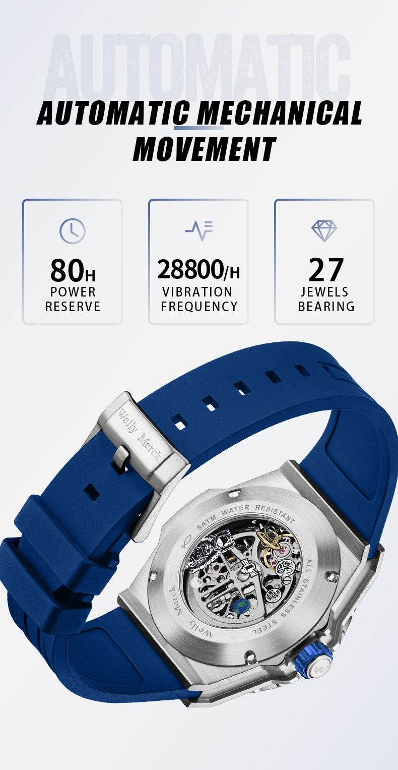 Welly Merck Herren Automatikuhr Armbanduhr 42mm Saphirglas Edelstahl 5BAR