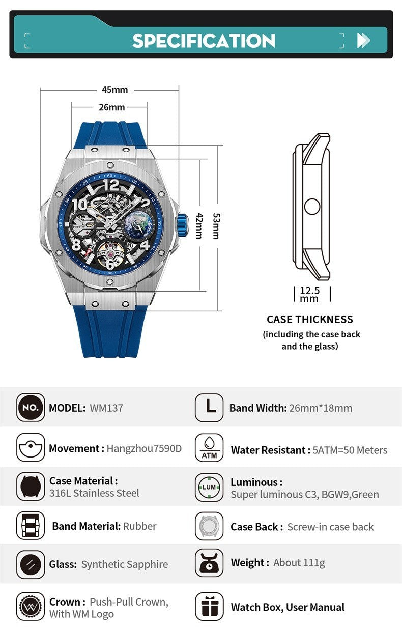 Welly Merck Herren Automatikuhr Armbanduhr 42mm Saphirglas Edelstahl 5BAR
