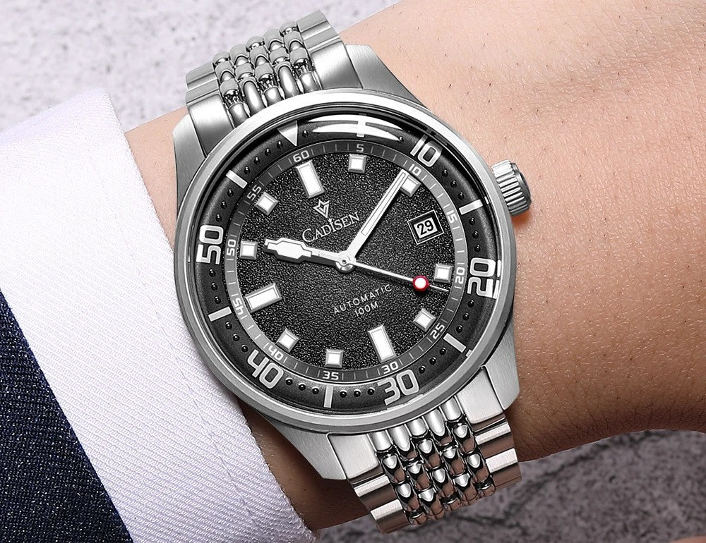 Cadisen Automatik Uhr Herren Armbanduhr Silber 40mm Edelstahl 10bar Datum