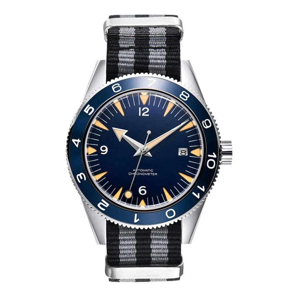 Automatikuhr Herren Luxus  schwarzes Zifferblatt Saphirglas Nylonband 41mm Datum