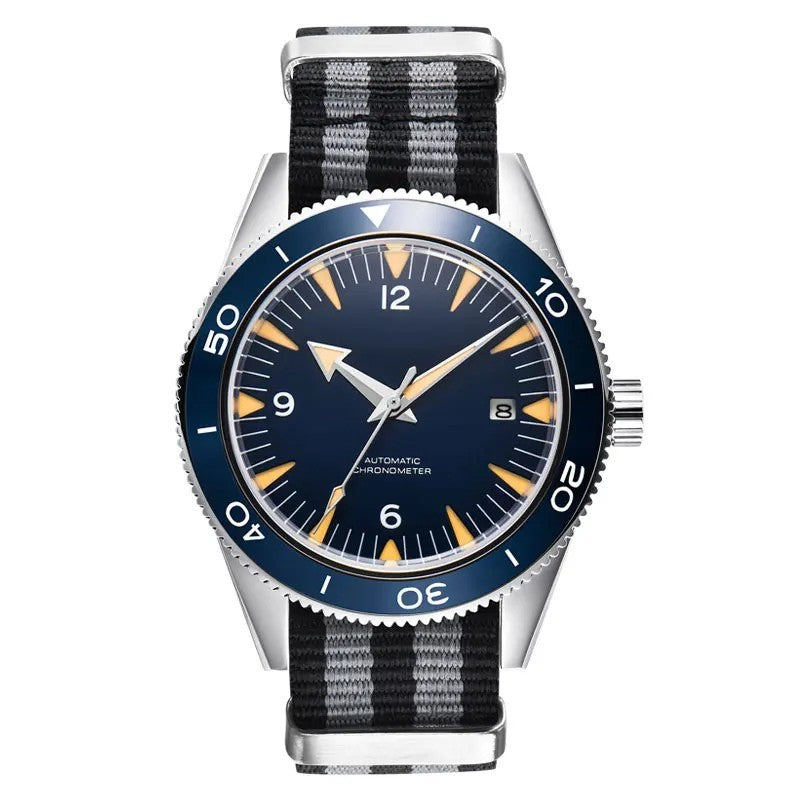 Automatikuhr Herren Luxus  schwarzes Zifferblatt Saphirglas Nylonband 41mm Datum