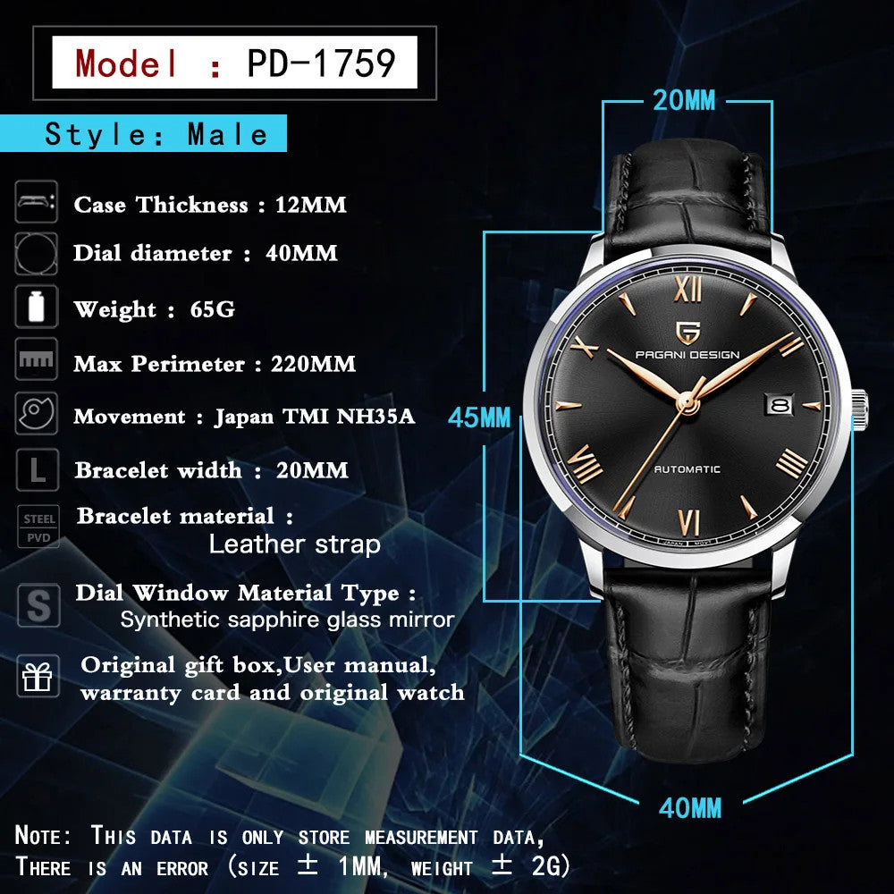 Pagani Design PD-1759 Automatik Uhr Herren Armbanduhr Edelstahl Saphirglas 40mm