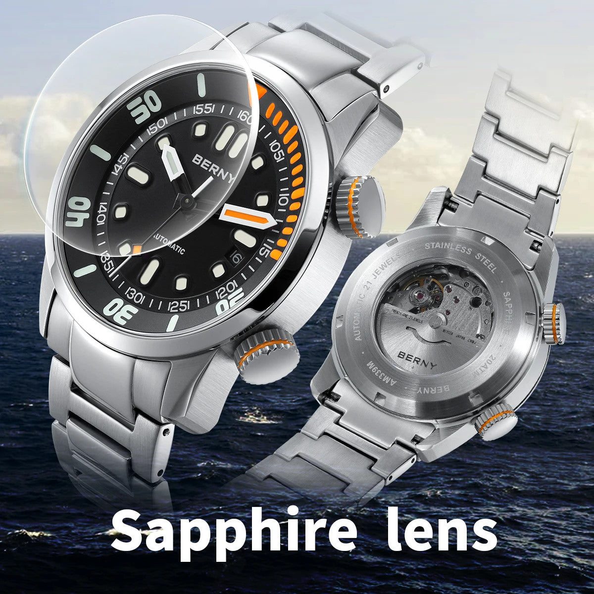 Berny Automatikuhr Herren Armbanduhr Taucher Edelstahl Saphirglas Taucheruhr