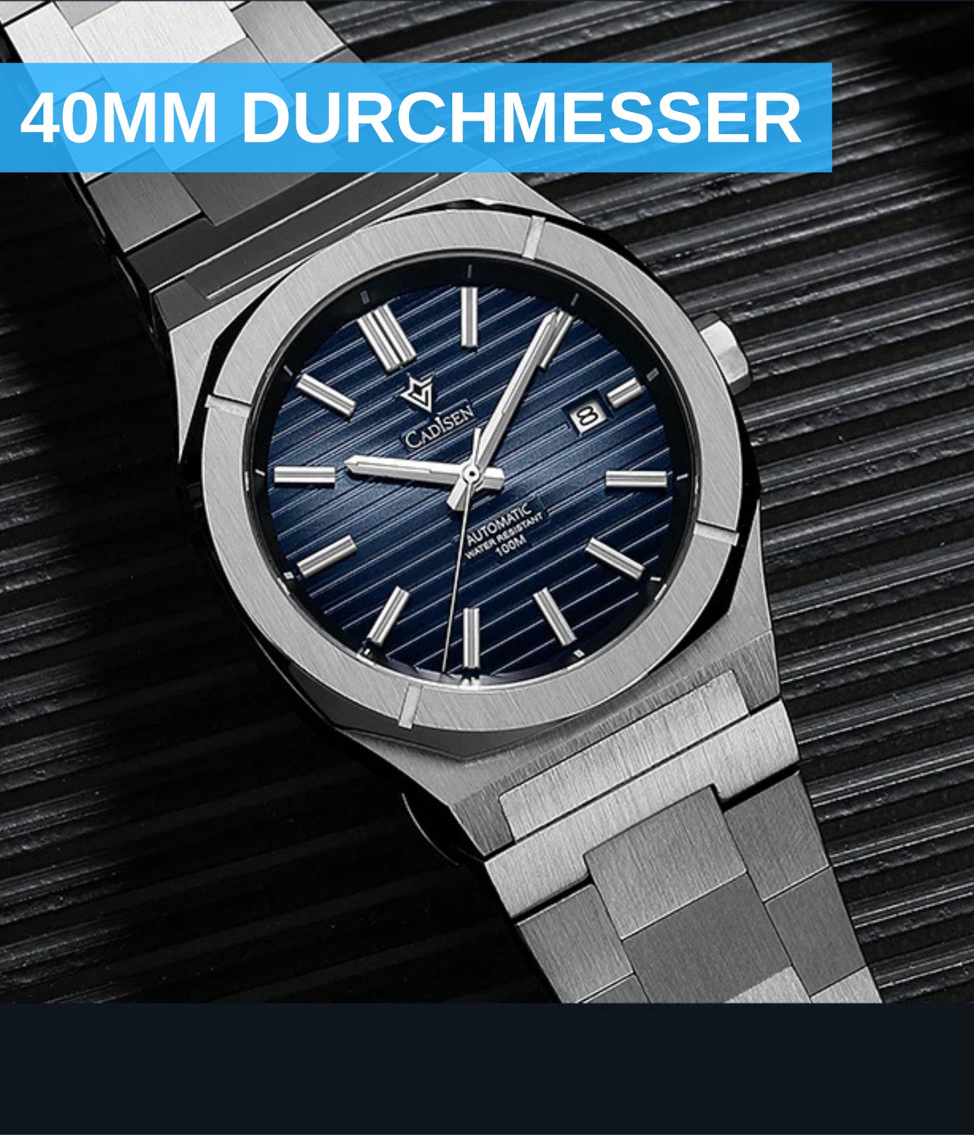 Cadisen Automatikuhr Herren Luxus Armbanduhr 40mm Edelstahl Saphirglas Datum