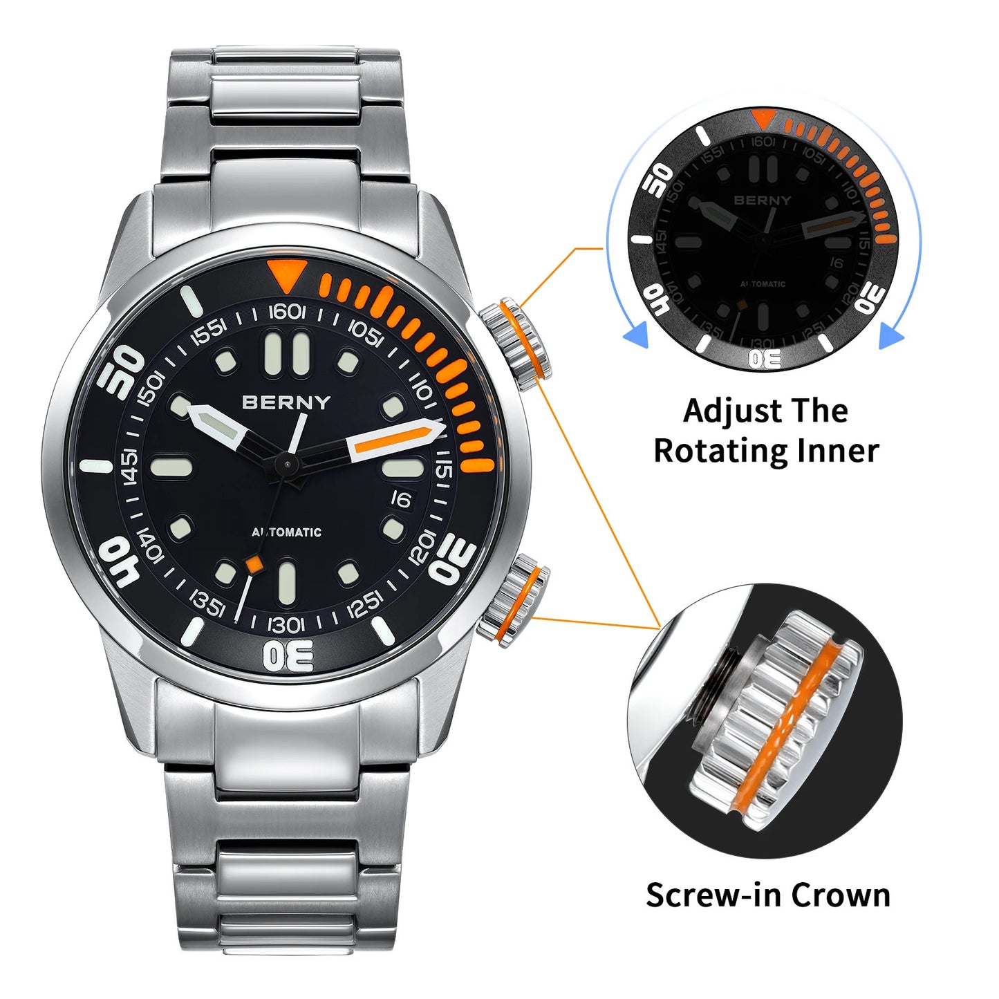 Berny Automatikuhr Herren Armbanduhr Taucher Edelstahl Saphirglas Taucheruhr