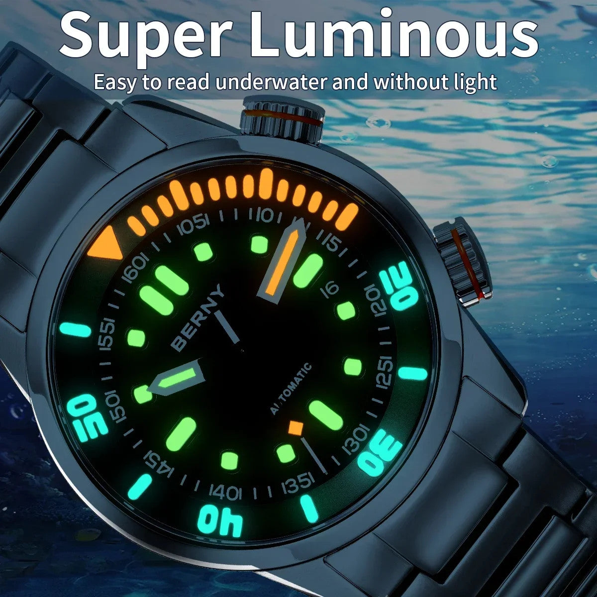 Berny Automatikuhr Herren Armbanduhr Taucher Edelstahl Saphirglas Taucheruhr