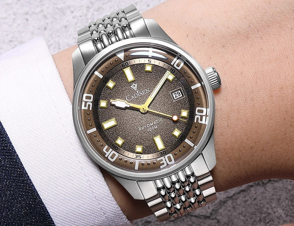 Cadisen Automatik Uhr Herren Armbanduhr Silber 40mm Edelstahl 10bar Datum