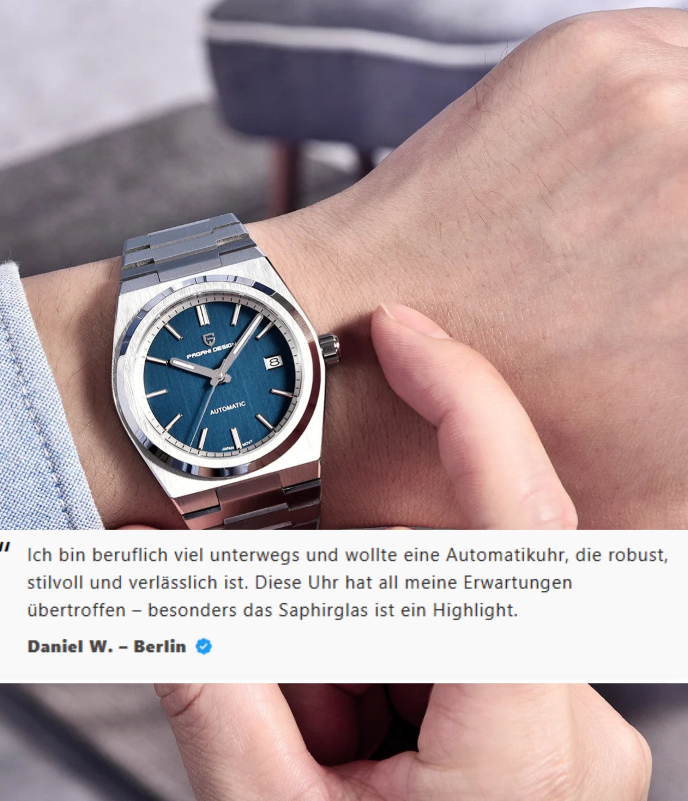 Pagani Design PD1753 Herren Automatikuhr Armbanduhr Saphirglas Edelstahl 38mm