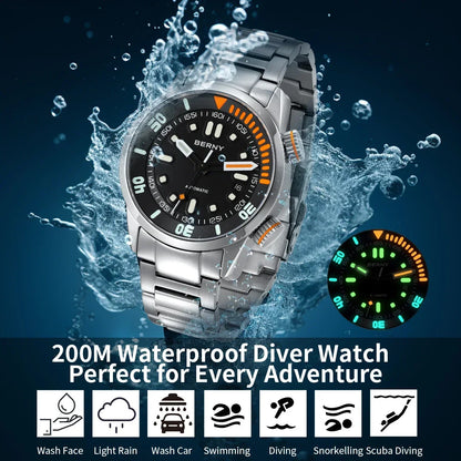 Berny Automatikuhr Herren Armbanduhr Taucher Edelstahl Saphirglas Taucheruhr